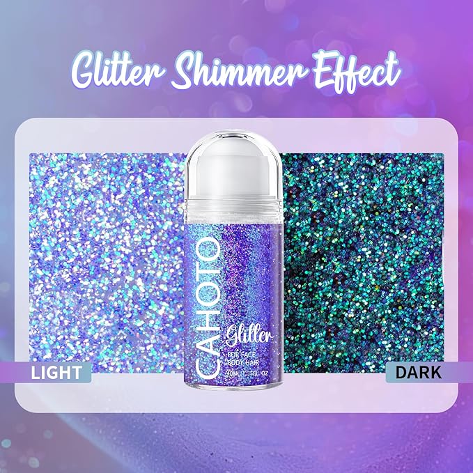 CAHOTO Purple Rolling Glitter for Face Body & Hair, Sparkling Holographic Chunky Shimmer, Roll-on Sequins for Singer Concert Rave Festival Halloween Party Mardi Gras Carnival, 1.35fl.oz