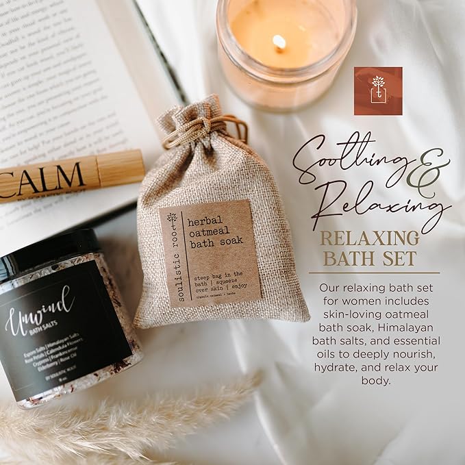 SOULISTIC ROOT Revitalizing Bath Gift - Premium Self-Care Bath & Body Set with Lavender Oatmeal Soak, Tranquil Essential Oil Roller, Epsom Salt Soak, Home Spa Kit, Valentine's Day Ready-to-Gift Box