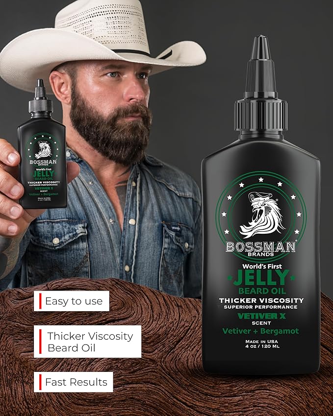 Bossman Jelly Beard Oil for Men (4 oz, Vetiver X Scent) – Softens, Moisturizes & Conditions with Natural Ingredients