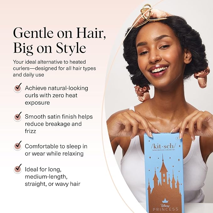 Disney & Kitsch Satin Heatless Hair Curler Set - Heatless Curls Overnight with Hair Curler & 2 Satin Scrunchies - Hair Curlers to Sleep in for Overnight Curls - Overnight Blowout Rods - Princess Party