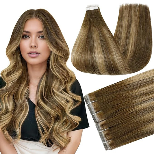 Full Shine Brown Tape In Hair Extensions Human Hair Color 4/24/4 Medium Brown Ombre Blonde Injection Human Hair Tape in Extensions 14Inch 40G 20Pcs Remy Short Hair Compatibility