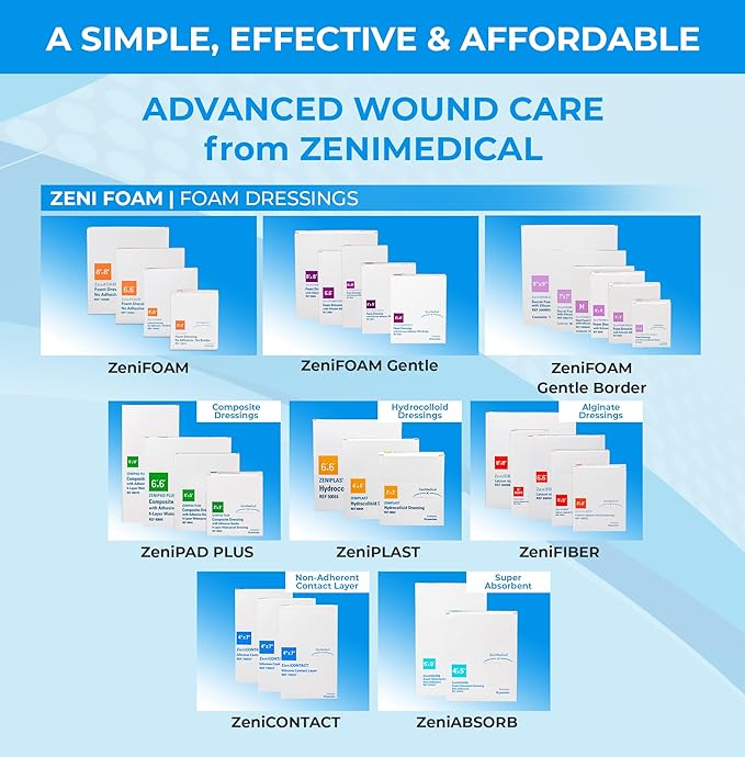 ZeniFOAM Polyurethane Foam Dressing 6" x 6" - No Border, No Adhesive, Sterile, Highly Absorbent for Heavy Wound Drainage, Non-Stick and Lint-Free Pad, Latex-Free, with Waterproof Backing (10pcs/Box)