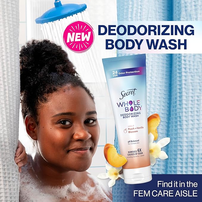 Secret Feminine Wash, 24 HR Deodorizing Feminine Body Wash for Women, Removes 6x Causes of Odor, PH Balanced, Safe to Use Everywhere, Peach & Vanilla Blossom Scent, 8.0 oz