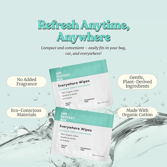Her Fantasy Box | Everywhere Wipes – 100% Organic Cotton, Gentle & Refreshing, pH-Balanced, Fragrance-Free, Plant-Powered for Body, Face & Intimate Areas, Ideal for Sensitive Skin - 12 Pack, 180 Wipes