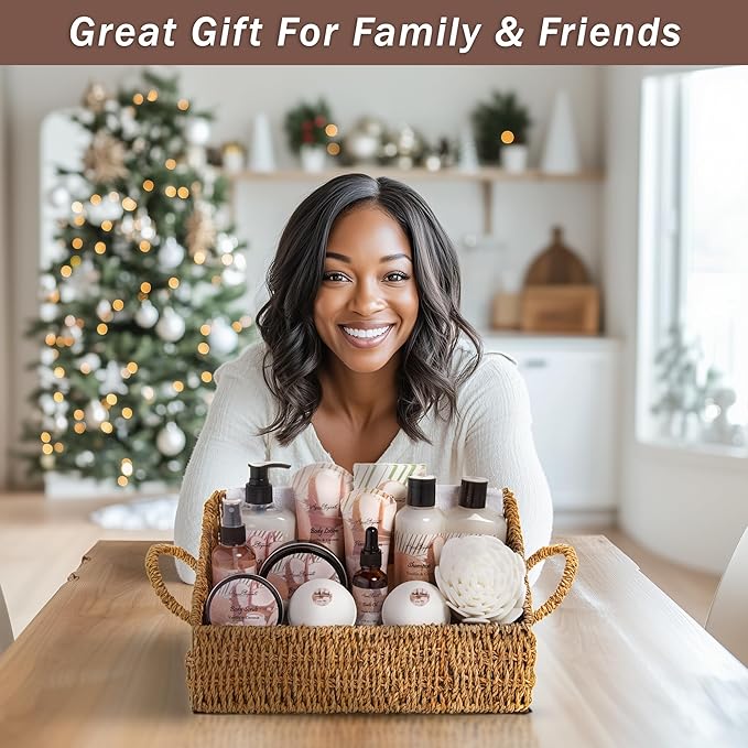 Bath Spa Gift Sets - Luxury Basket With Coconut & Vanilla - Spa Kit Includes Wash, Bubble Bath, Lotion, Bath Salts, Body Scrub, Shower Puff, Bathbombs, Soap and Towel