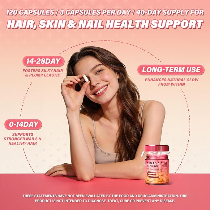 Kereeao Biotin Supplement for Hair, Skin and Nails - Support Healthy Hair Growth for Women & Men - Strong Nails & Radiant Skin - with Biotin, Hyaluronic Acid, Vitamin C, D3 & K2-120 Capsules (1 Pack)