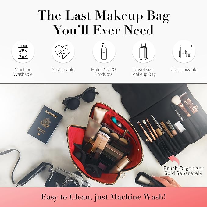 KUSSHI Washable Travel Makeup & Cosmetic Bag - Brush Organizer Sold Separately (Signature, Satin Black/Red)