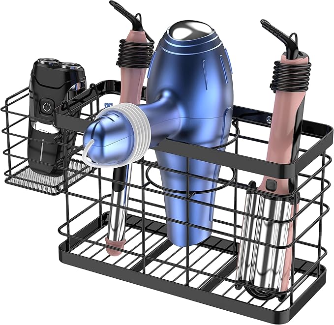 Hair Tool Organizer - Black Steel Wall Mounted Hair Dryer Holder with Removable Basket, 10.62"L x 4.33"W x 6.69"H, Ideal for Small Bathrooms