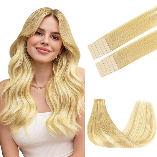 GOO GOO Tape in Hair Extensions Human Hair, 18AT60A Pearl Ash Blonde Highlights, 20inch 30g 10pcs, Skin Weft Seamless Invisible, Silky Straight with Thick Ends, Remy Human Hair