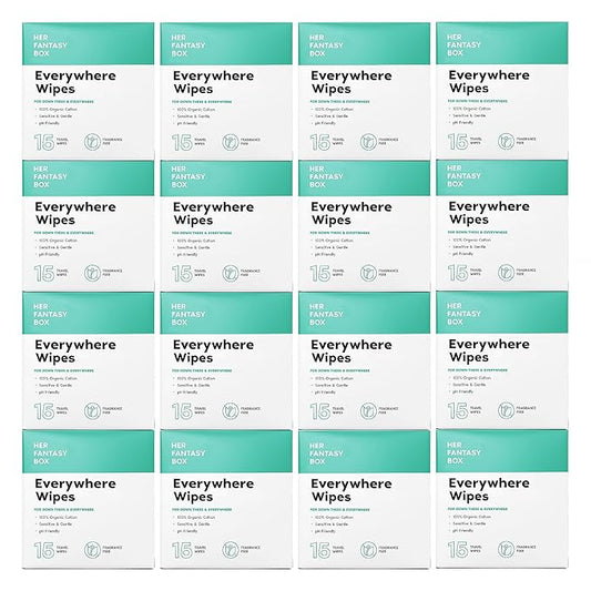 Her Fantasy Box | Everywhere Wipes – 100% Organic Cotton, Gentle & Refreshing, pH-Balanced, Fragrance-Free, Plant-Powered for Body, Face & Intimate Areas, Ideal for Sensitive Skin - 16 Pack, 240 Wipes