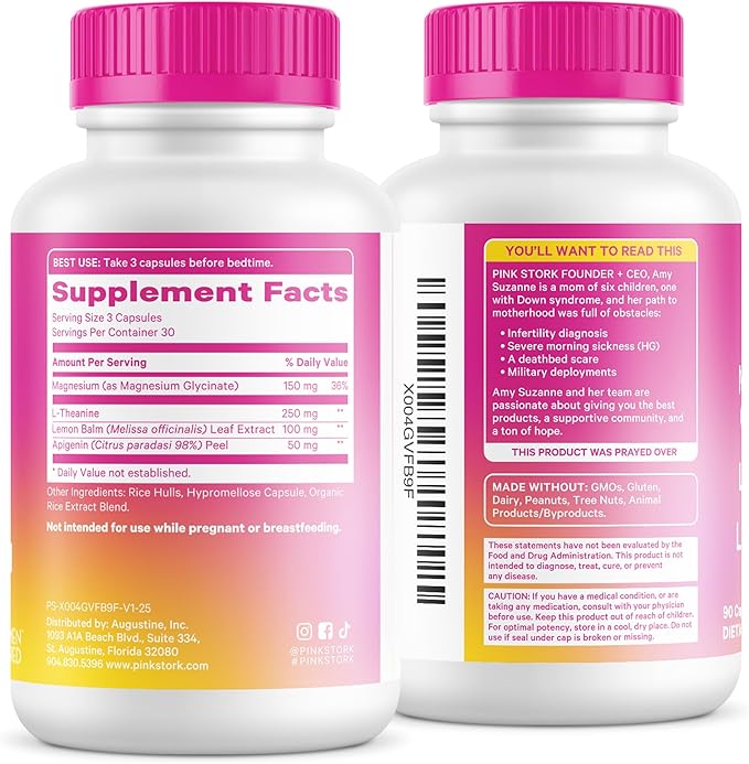 Pink Stork Magnesium Glycinate, L-Theanine, Lemon Balm - Melatonin-Free Magnesium for Sleep Support - Natural Calm and Relaxation - 90 Capsules