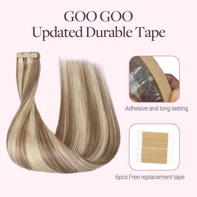 GOO GOO Tape in Hair Extensions Human Hair, 8B/60B Golden Blonde Highlights, 16inch 50g 20pcs, Skin Weft Seamless Invisible, Silky Straight with Thick Ends, Remy Human Hair