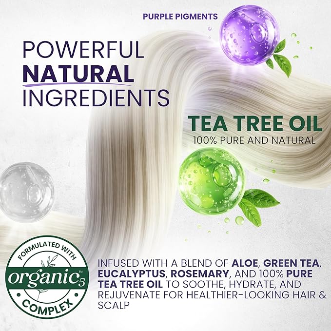 Tea Tree Purple Hair Mask Toner with Argan Oil, Deep Conditioner for Dry Damaged Bleached, Blonde White & Gray Hair, Relieves Itchy Scalp, Removes Brassy & Yellow Tones | Hair Mask Toner, Deep Conditioner, Gray Hair Care, Blonde Hair Care, Bleached Hai...