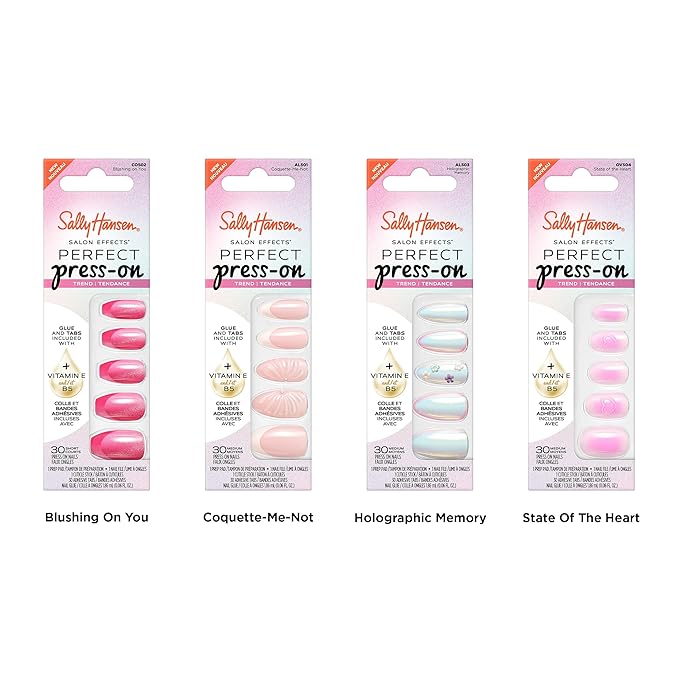 Sally Hansen Salon Effects Perfect Press-On Pink Nails | Oval Shape, 3D Design | Easy to Apply, Non-Damaging, Vitamin E & B5 | 30 Nails, Nail Glue, Adhesive Tabs, File| State of the Heart