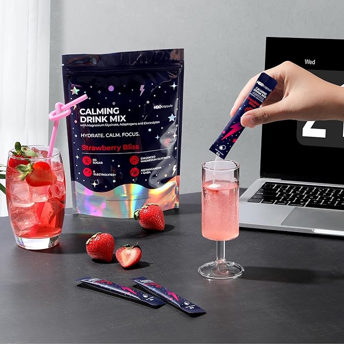Calm Magnesium Glycinate Powdered Drink Mix with Electrolytes –Sugar Free with Ashwagandha, L-Theanine, Vitamin B6 &GABA – Cortisol Support, Stress Relief, Hydration & Focus - 20 servings (Strawberry)