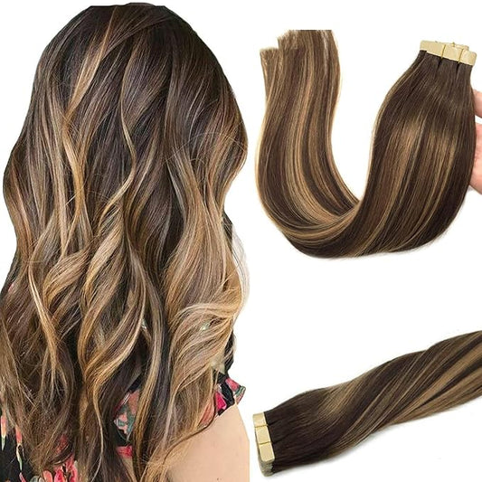 GOO GOO Tape in Hair Extensions Human Hair, 4/27/4 Balayage Chocolate Brown to Caramel Blonde, 16inch 50g 20pcs, Thick Ends Straight Seamless, Invisible