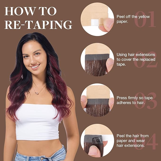 GOO GOO Tape in Hair Extensions Human Hair, 1/99 Balayage Jet Black to Red, 10inch 60g 40pcs, Skin Weft Seamless Invisible, Silky Straight with Thick Ends, Remy Human Hair