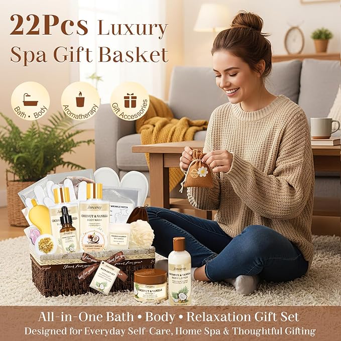 22PCS Valentines Day Spa Gift Baskets for Women, Luxury Bath and Body Gift Basket Set for Women Coconut Vanilla Spa Kit Relaxing Spa Self Care Gift for Her Wife Lover Mom Sister Friend