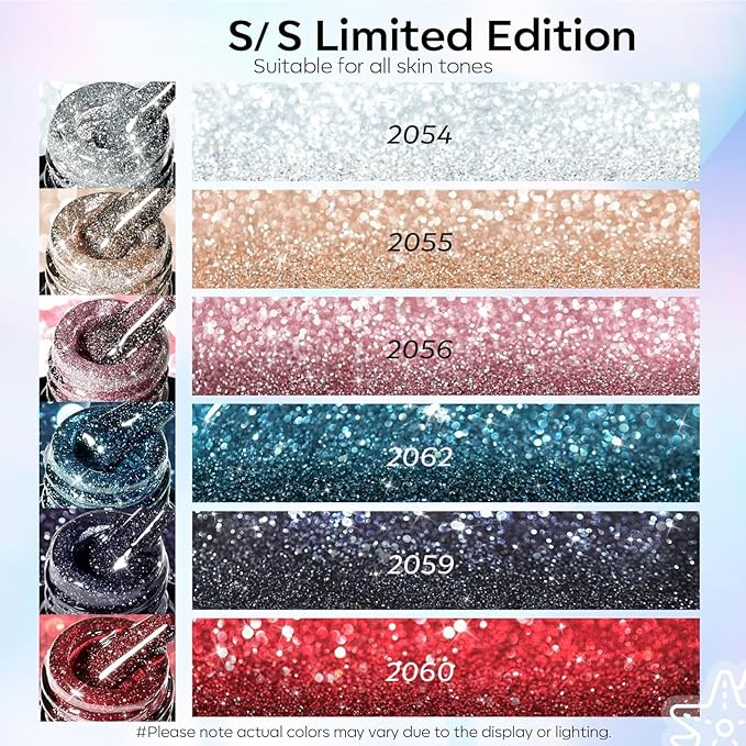 modelones Glitter Gel Nail Polish Set, 6 Colors Fall Winter Dark Red Pink Silver Gold Black Gel Polish Kit Shimmer Sparkle Reflective LED Soak Off Manicure Art Kit Home DIY Salon Gift for Women