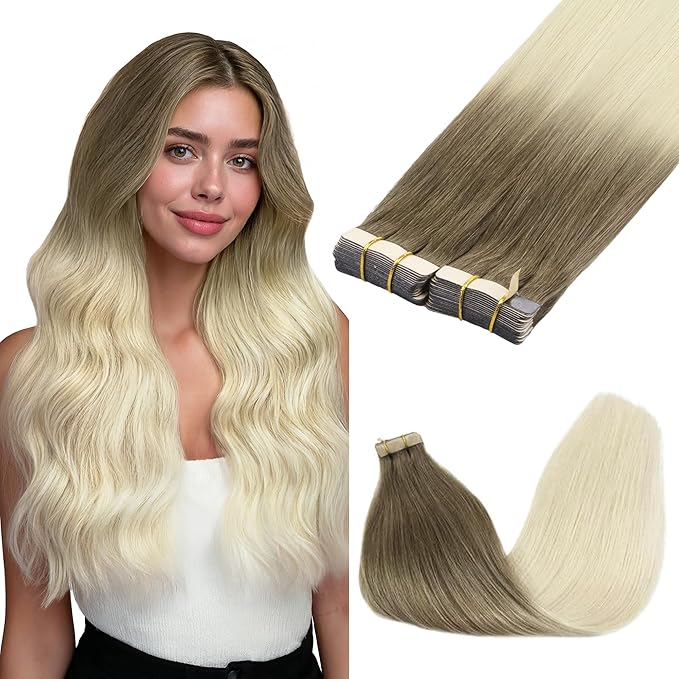 GOO GOO Tape in Hair Extensions Human Hair, 9/60 Balayage Ash Brown to Platinum Blonde, 12inch 80g 40pcs, Skin Weft Seamless Invisible, Silky Straight with Thick Ends, Remy Human Hair