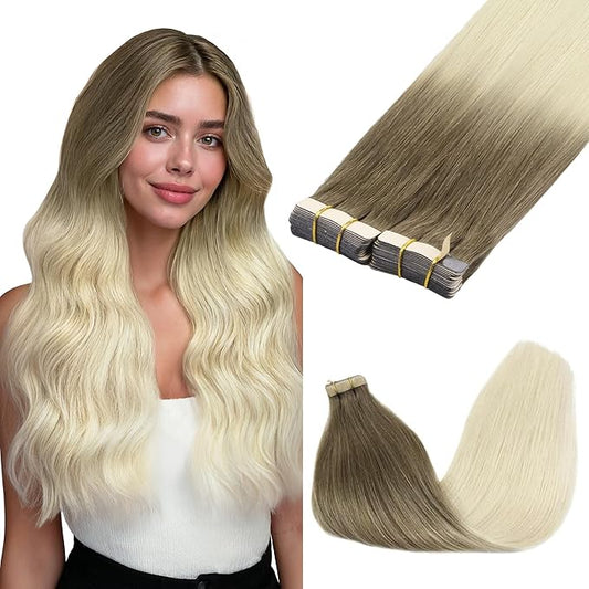 GOO GOO Tape in Hair Extensions Human Hair, 9/60 Balayage Ash Brown to Platinum Blonde, 12inch 80g 40pcs, Skin Weft Seamless Invisible, Silky Straight with Thick Ends, Remy Human Hair