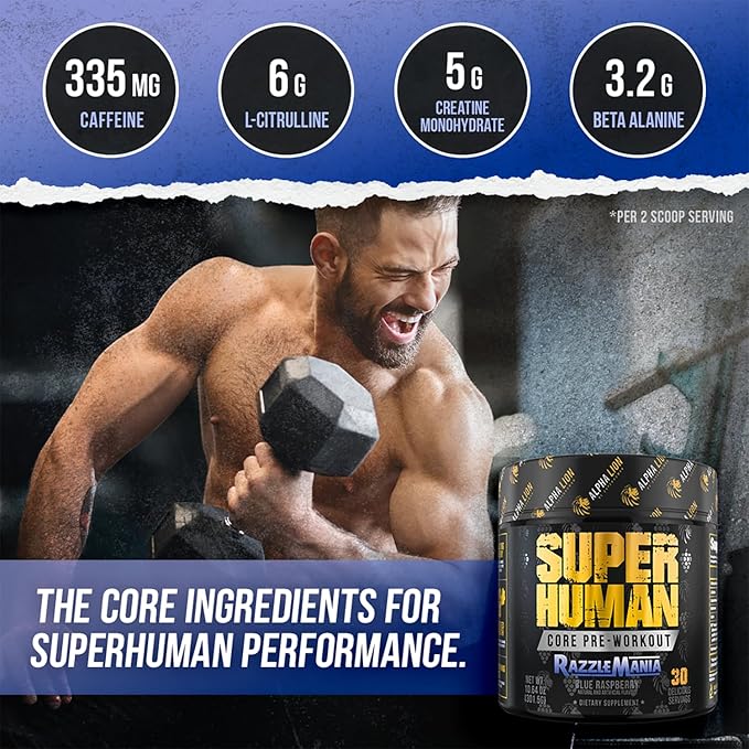 ALPHA LION Core Pre Workout w/Creatine for Performance, Beta Alanine for Muscle, Powder, L-Citrulline for Pump & Tri-Source Caffeine for Sustained Energy (30 Servings, Blue Raspberry Flavor)