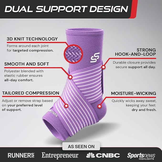 Sleeve Stars Ankle Brace for Women & Men, Ankle Wrap for Sprained Ankle, Compression Sleeve for Plantar Fasciitis Relief, Easy Customizable Support: w/Removable Strap (Pair/M:10"-12"/Light Purple)