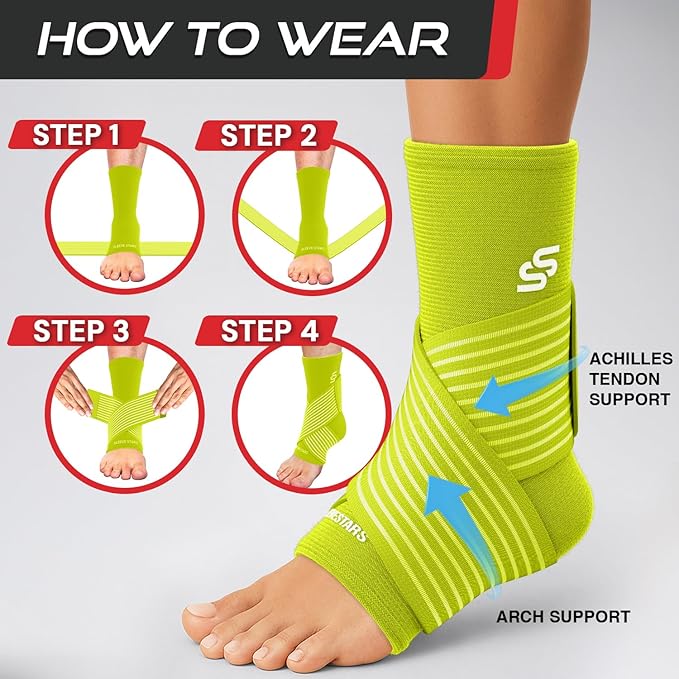 Sleeve Stars Ankle Brace for Women & Men, Ankle Wrap for Sprained Ankle, Compression Sleeve for Plantar Fasciitis Relief, Easy Customizable Support: w/ Removable Strap (Single/M:10"-12"/Neon Yellow Green)