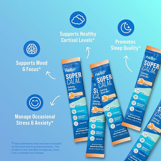 Nello Supercalm Powdered Drink Mix, Cortisol Reducer* and Sleep Aid Supplement, L Theanine, Ksm-66 Ashwagandha, Magnesium Glycinate, Vitamin D 3, No Sugar, Non GMO, On The Go, 20 Ct, Orange Creamsicle