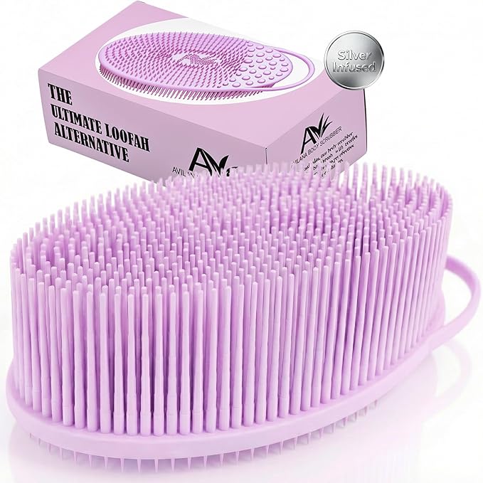 Avilana Silver Edition Exfoliating Body Scrubber - Silver-Ion Infused Silicone Bath Brush, ISO Tested Dual Sided, Stays Fresh Firm Bristles Smooth Rough Bumpy Skin Texture Loofah Alternative Women Men