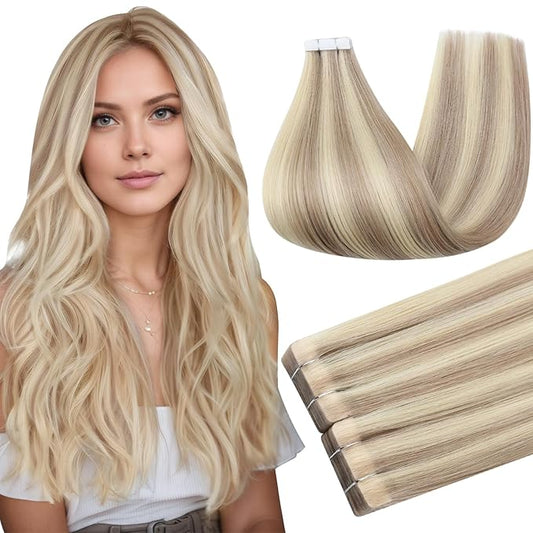 Full Shine Highlight Blonde Injection Tape in Hair Extensions Color 18/613 Remy Tape in Human Hair Extensions 16Inch Straight Natural Seamless Skin Weft Extension 40Gram 20Pcs for Women