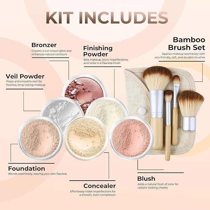 EVERYDAY KIT (LIGHT) Full Size Mineral Makeup Set Matte Foundation Bare Face Sheer Powder Cover
