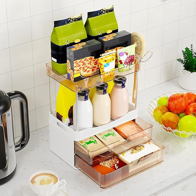 Bathroom Counter Organizer with Hairdryer Holder, 2-Tier 2-Drawer Shower Organizer for Skincare, Makeup Cosmetics, 5-Section Large Capacity Vanity Organizer, Bathroom Decor (Amber)