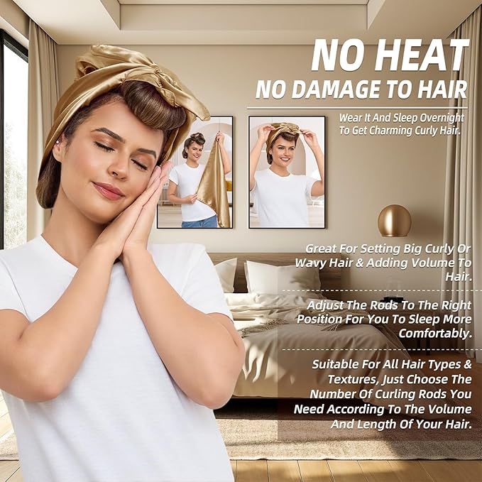 Heatless Curls Overnight Rods Jumbo Set, Heatless Hair Curler Velvet Satin Jumbo Flexi Rods to Sleep in, No Heat Overnight Sleeping Blowout Curls Wave Styling Tools with Silk Scarf 4pcs Khaki