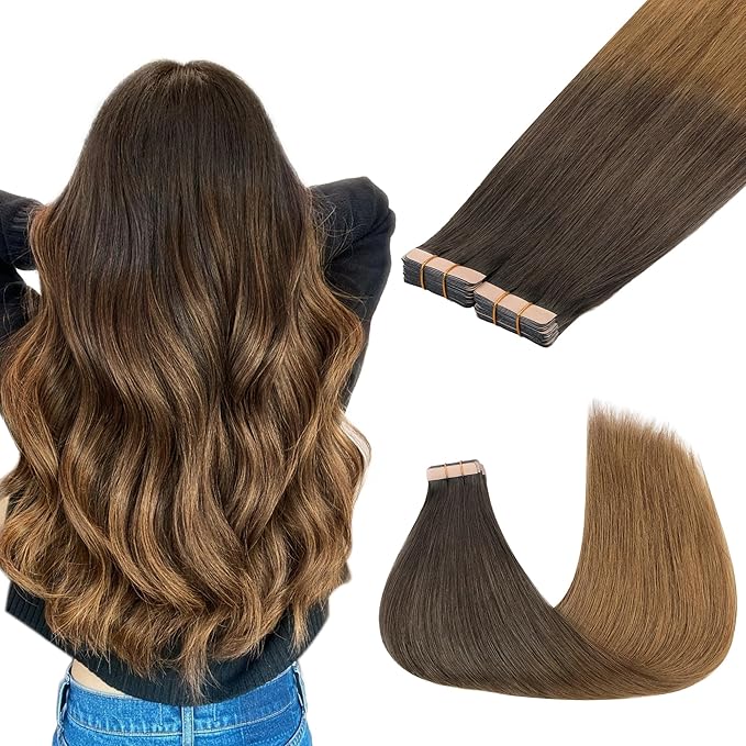 GOO GOO Tape in Hair Extensions Human Hair, 1D/2C/4E Chocolate Dip Color Melt, 14inch 100g 40pcs, Skin Weft Seamless Invisible, Silky Straight with Thick Ends, Remy Human Hair
