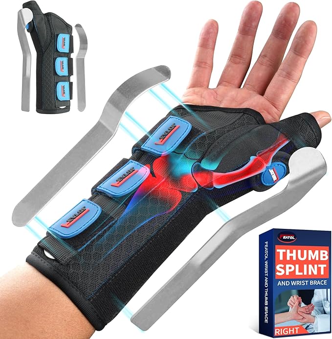 FEATOL Carpal Tunnel Wrist Brace Night Support, Thumb Spica Splint Right Hand for De Quervains Tenosynovitis, Tendonitis, Wrist Brace With Thumb Support-Medium/Large-Women & Men, Black