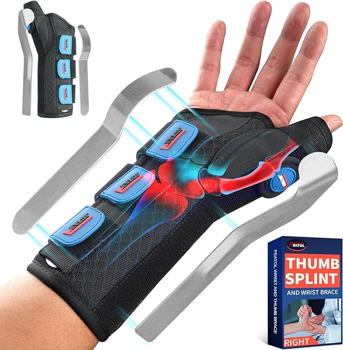 FEATOL Carpal Tunnel Wrist Brace Night Support, Thumb Spica Splint Right Hand for De Quervains Tenosynovitis, Tendonitis, Wrist Brace With Thumb Support-Large/XLarge-Women & Men, Black