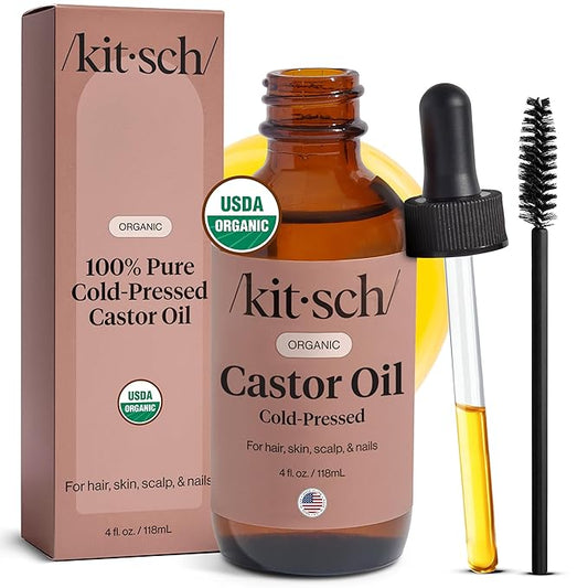 Kitsch Organic Castor Oil for Hair Growth - 100% Pure Castor Oil, Organic Cold Pressed Unrefined Glass Bottle for Face, Skin, Lashes, Brows, Scalp, Nails & Belly Button | Ideal Gifts for Women - 4 oz