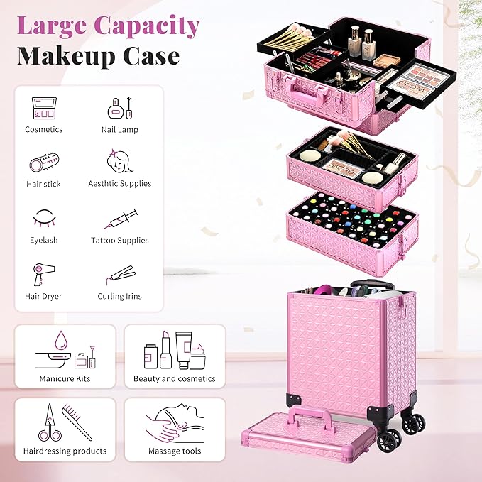 AROUS 5 in 1 Rolling Makeup Train Case Cosmetology Case on Wheels Large Cosmetic Organizer Travel Cart for Hairstylist Artist Nail Beauty Salon Barber,All Pink