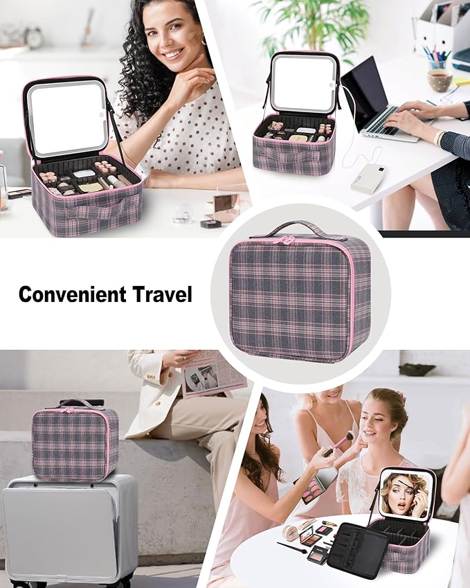 Relavel Travel Makeup Bag With LED Mirror, Portable Cosmetic Organizer Bag with Adjustable Brightness in 3 Color Scenarios, Small Train Case with Detachable Dividers for Trip- Grey Strip