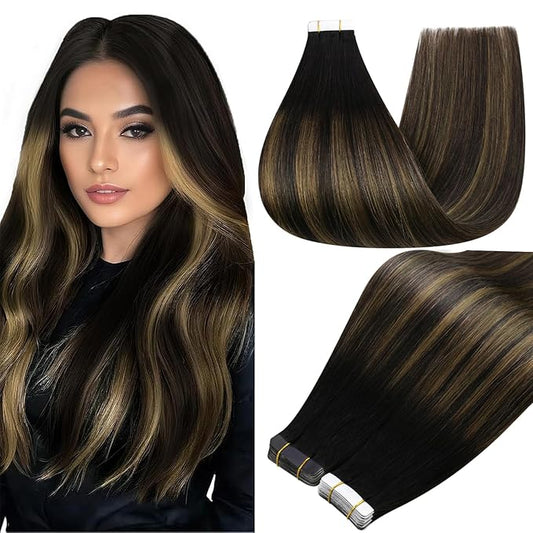 Full Shine Tape Hair Extensions Real Human Hair 12Inch Color 1B Black Ombre 6 Brown Highlight 1B Tape in Human Hair Extensions Double Sided Tapes ins 30Gram 20Pcs Seamless Invisible Straight Hair