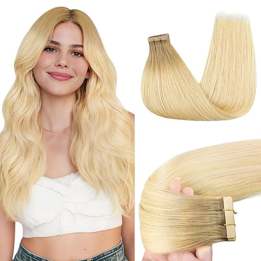 GOO GOO Tape in Hair Extensions Human Hair, R7/60F Rooted Ash Blonde with Frosted Highlights, 16inch 50g 20pcs, Skin Weft Seamless Invisible, Silky Straight with Thick Ends, Remy Human Hair
