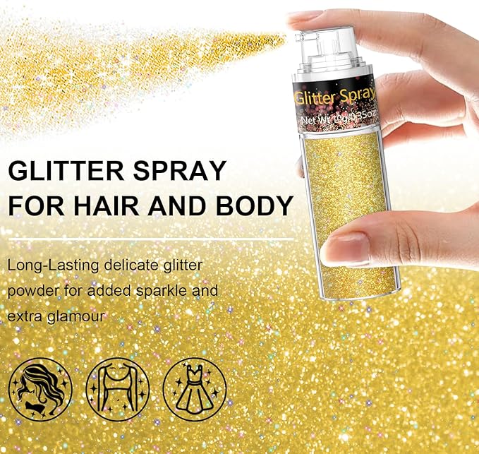 Hair and Body Glitter Spray, 1PC Glitter Hairspray Dry Powder Makeup for Clothes, Festival Rave Prom Loose Sparkle Powder,Holographic Ultra Fine Resin Glitters for Crafts (1PC Sparkling Gold)