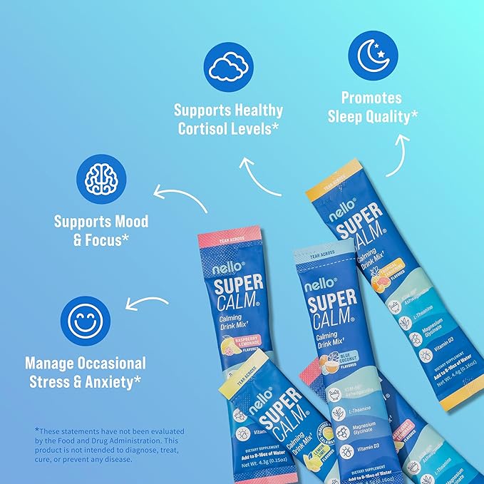 Nello Supercalm Powdered Drink Mix, Cortisol Reducer* and Sleep Aid Supplement, L Theanine, Ksm-66 Ashwagandha, Magnesium Glycinate, Vitamin D 3, No Sugar, Non GMO, On The Go, 20 Ct, Variety Pack