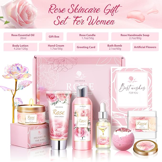 Gifts for Women, Happy Birthday Gifts for Women, Mothers Bath and Body Gift for Woman with Unique Rose Self Care Gift, Home Spa Gift Basket for Mom, Girlfriend, Sister, Female Friends, Coworker