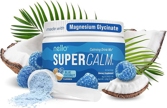 Nello Supercalm Powdered Drink Mix Tub, Cortisol Reducer* and Sleep Aid Supplement, L Theanine, Ksm-66 Ashwagandha, Magnesium Glycinate, Vitamin D 3, No Sugar, Non GMO, On The Go, 30 Ct, Blue Coconut