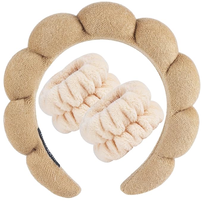 Zkptops Spa Headband for Washing Face Wristband Set Sponge Makeup Skincare Terry Cloth Bubble Soft Get Ready Hairband for Women Girl Puffy Padded Headwear Non Slip Thick Hair Accessory(Brown)