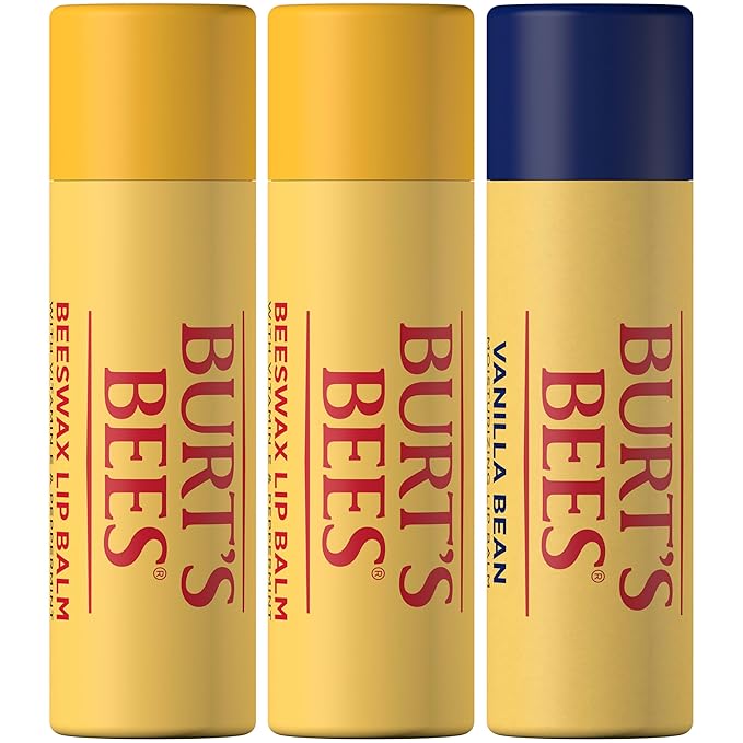 Burt's Bees Moisturizing Lip Balm, 2 Original Beeswax and 1 Vanilla Bean, 100% Natural Origin, 0.34 Ounce Each, 3 Paper Tubes, Pack May Vary