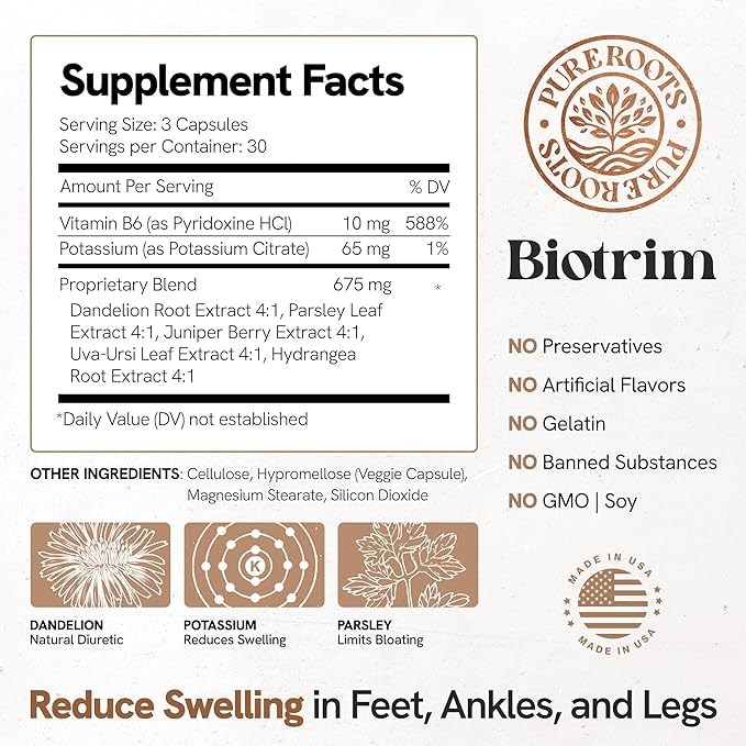 Caffeine-Free Water Pills for Swollen Legs and Feet - Contains The Best Natural Diuretics for Water Retention in Legs and Feet - Biotrim Helps Reduce Your Swollen Feet and Legs (with Dandelion Root)