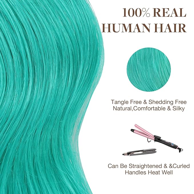 GOO GOO Tape in Hair Extensions Human Hair, Teal Green, 22inch 30g 10pcs, Colored Tape ins Human Hair Extensions, Silky&Soft Invisible Tape Ins, Hair Highlighted for Party